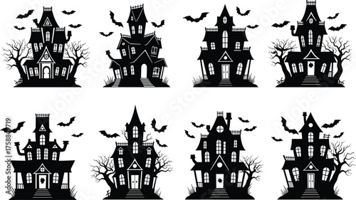 Haunted house silhouettes, spooky Halloween architecture, eerie bats, creepy trees, black and white horror scene, gothic mansion, scary night illustration