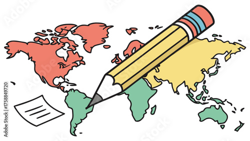 A world map with continents colored and a pencil writing on south america with a paper sheet nearby