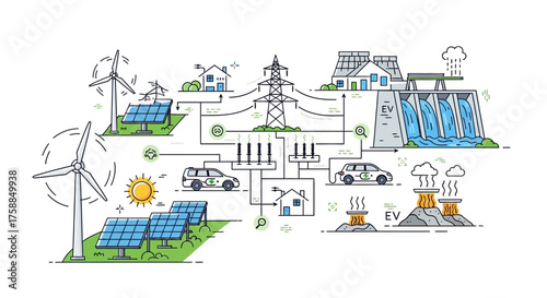 Renewable energy sources powering homes and electric vehicles through a grid
