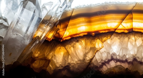 Backlit agate slice with warm orange and purple bands