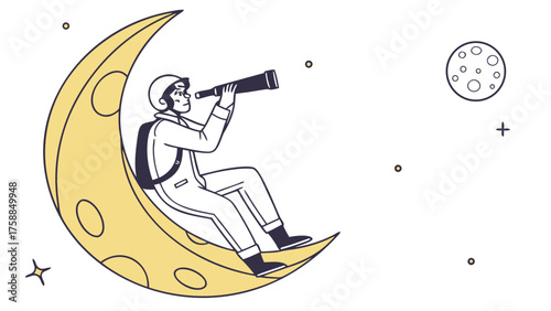 A person sitting on a crescent moon looking through a telescope with stars and another moon in the sky