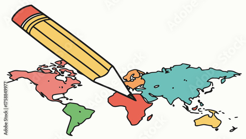 A cartoon image showing a world map with continents and a large pencil pointing at the african continent