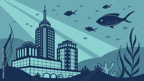 Cityscape underwater with fish swimming above buildings in an ocean themed cartoon illustration