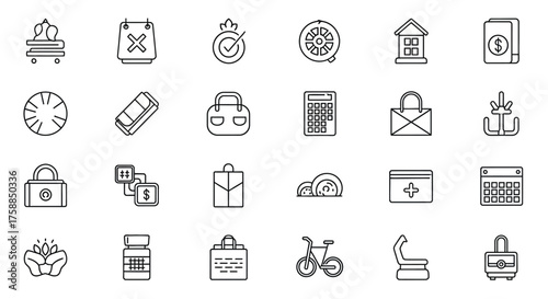 A grid of 24 diverse business and lifestyle icons in a clean line art style