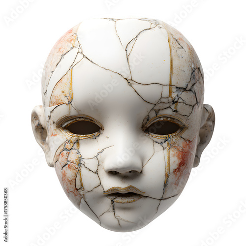 Ethereal cracked porcelain doll face with delicate gold accents and a hauntingly vacant stare, perfect for artistic projects