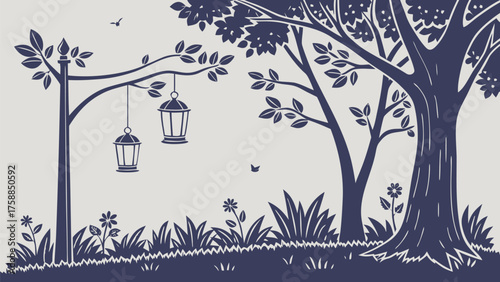 Enchanting forest scene with hanging lanterns and trees
