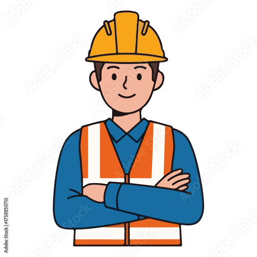 A Cute, Simple Illustration of a Confident Male Construction Worker/Foreman Standing with Crossed Arms, Wearing an Orange Safety Vest and Yellow Hard Hat on a White Background."
