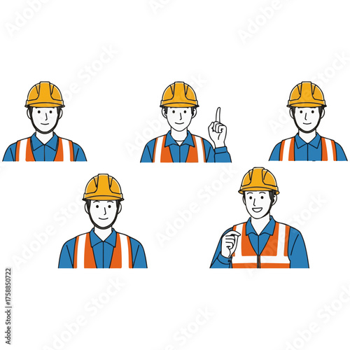 Set of 5 Cute & Simple Male Construction Worker Avatars: Happy Young Foreman/Engineer Portraits in Safety Vests and Hard Hats for Projects, Industrial Safety, and Labor Illustrations