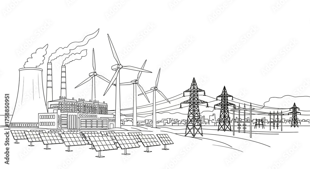 Obraz premium Diverse power generation sources depicted cooling towers, smokestacks, wind turbines, solar panels, and transmission lines