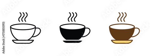 Coffee cup icon in EPS format on a clean white background, shown in outline, solid, flat color, and shaded styles. Ideal for cafés, beverages, breakfast menus, barista branding, and coffee apps.