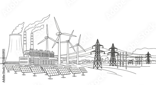 Diverse power generation sources depicted cooling towers, smokestacks, wind turbines, solar panels, and transmission lines