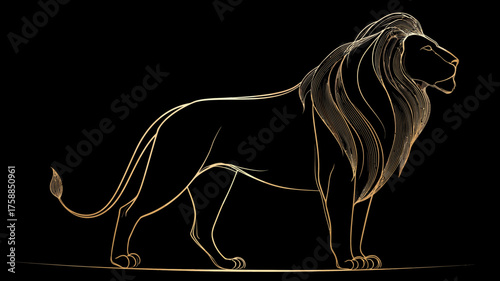 Elegant Golden Outline Lion Illustration on Black Background. Majestic Wild Animal, Stylized Power and Strength Graphic.
