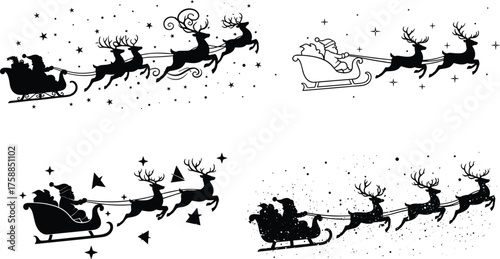 Santa Claus sleigh silhouette, flying reindeer, Christmas night sky, festive illustration, holiday magic, winter scene, seasonal vector art