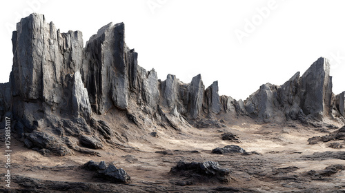 Dramatic jagged rock formations and barren terrain create a stark, alien landscape perfect for sci-fi, fantasy, or nature projects.