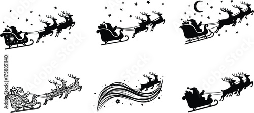 Santa Claus silhouette, flying sleigh, reindeer illustration, Christmas night, festive vector, holiday magic, moonlight scene, seasonal design, winter celebration, gift delivery