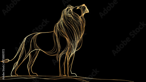 Majestic Golden Lion Line Art Illustration Roaring on Black Background. Elegant, Powerful, and Regal Animal Design with Luminous Glow.