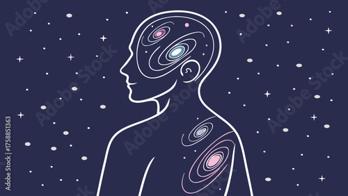 Human silhouette filled with galaxies and stars

