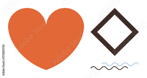 Orange heart symbolizing affection, black diamond for strength, and dynamic wave lines for flow and movement. Ideal for love, balance, wellness, abstract design, creativity, harmony simple flat