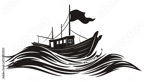 Stylized traditional fishing boat sailing on rough ocean waves, black and white vector illustration, maritime adventure emblem