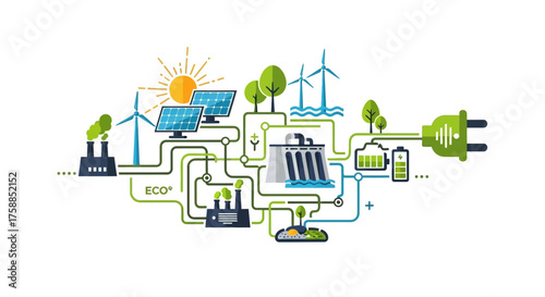 Renewable energy sources power a battery and plug, illustrating a sustainable system