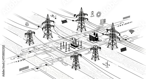 Isometric illustration of a power grid with pylons, substations, and renewable energy sources