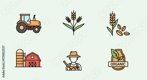 Agricultural icons tractor, wheat, grain, barn, farmer, organic