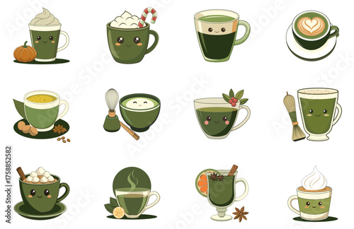 
Hot Colorful Drinks Vector Set — Cozy Coffee, Tea, Cocoa, and Mulled Wine Illustrations in Flat Cartoon Style, Warm Beverage Icons Collection for Fall and Winter