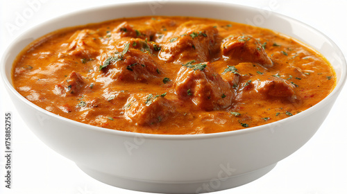 butter chicken in a white bowl isolated on white background