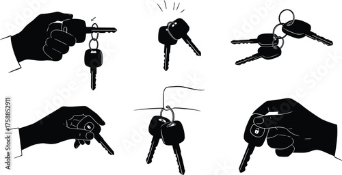 Car key icons, hand holding keys, vehicle access illustration, automotive security design, ignition symbol, transportation tools, remote fob, modern driving concept