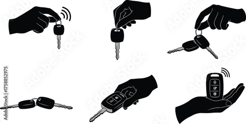 Car key icons, vehicle access illustration, remote control fob, automotive security design, ignition key symbol, wireless entry system, transportation technology tools
