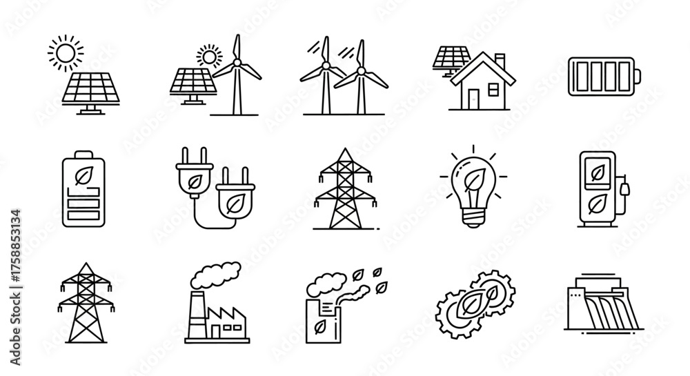 Fototapeta premium Collection of eco-friendly energy icons sun, wind turbines, solar panels, batteries, plugs, and power towers