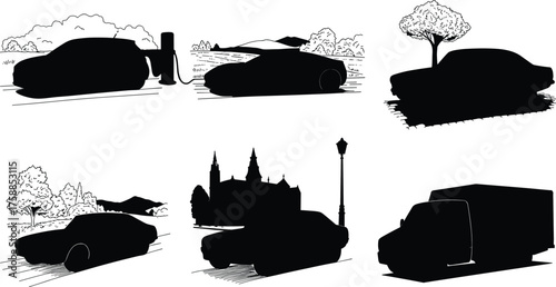 Car silhouette icons, urban transportation illustration, electric vehicle charging, city skyline background, eco friendly mobility, classic automobile design, sustainable transport concept