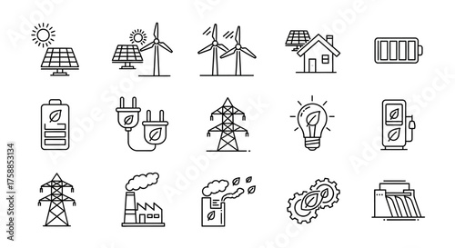 Collection of eco-friendly energy icons sun, wind turbines, solar panels, batteries, plugs, and power towers