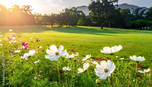 Fototapeta Naklejka Na Ścianę i Meble -  A sunlit, open meadow bursts with wildflowers under a vibrant sky. Lush green grass and trees frame the scene