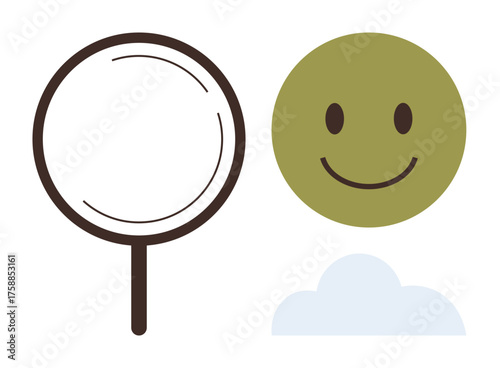 Magnifying glass, green happy face, and small cloud represent investigation, happiness, and simplicity. Ideal for exploration, positivity, clarity, problem-solving innovation creativity mood