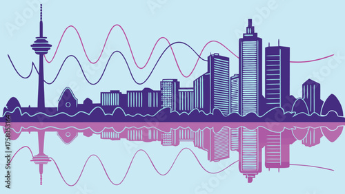 A stylized city skyline illustration with a tower and skyscrapers reflected in water with wavy lines overlaying