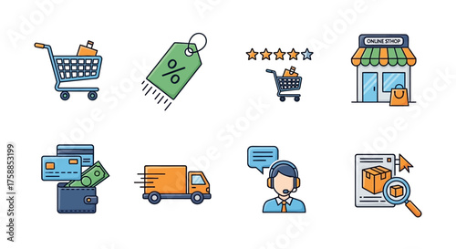 Collection of e-commerce service icons shopping cart, discount tag, customer rating, online store, wallet, delivery truck, customer support, and product search