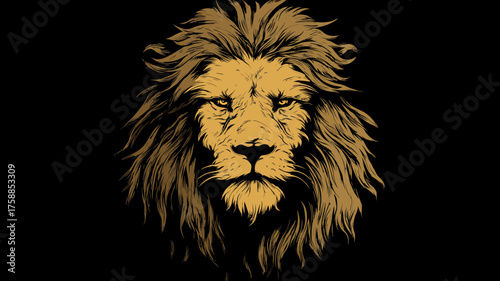 Majestic golden lion head illustration, fierce and powerful, on a stark black background, symbolizing strength and royalty.