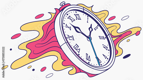 A cartoonish pocket watch with roman numerals surrounded by abstract pink and yellow shapes and dots art