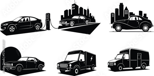Electric car icons, classic vehicle illustration, urban transportation design, eco friendly mobility, automotive evolution, city skyline background, delivery truck, sustainable transport concept