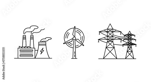 Icons depict factory, wind turbine, and power towers for energy