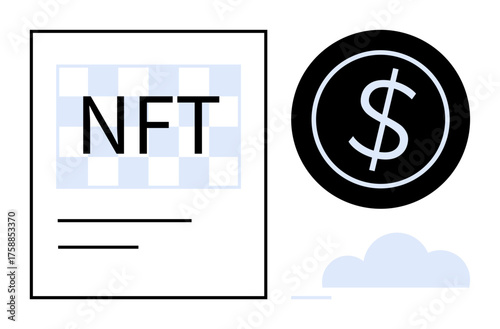 NFT document with checkered background and large dollar coin above a cloud. Ideal for blockchain, cryptocurrency, digital art, smart contracts, online investment, fintech, simple flat metaphor