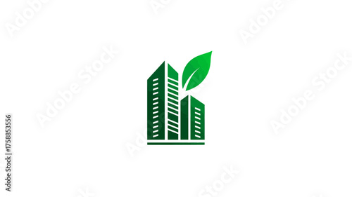 Green city buildings and leaf icon symbolizing sustainable urban development, eco-friendly architecture, and environmental business concept.
