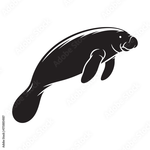 Graceful Swimming Manatee Sea Cow Black and White Vector