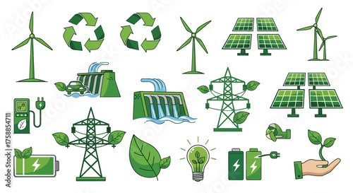 Icons depict various forms of green energy production and conservation