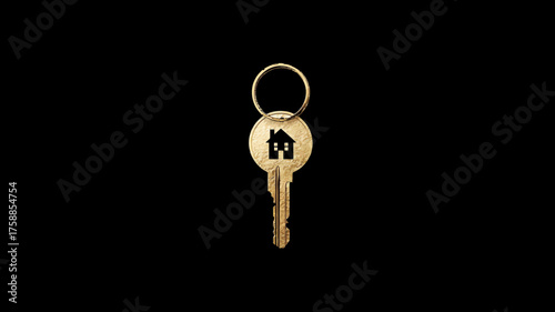 Golden house key with a symbolic home icon and keyring on a black background, representing new property ownership, security, and investment.