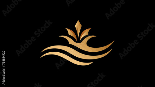 Elegant golden abstract design with stylized crown and wave elements on black. Luxury graphic ornamentation, premium vector illustration.