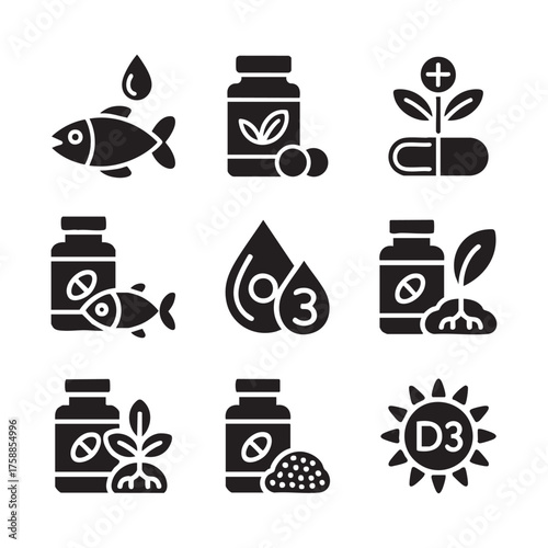 Black Vector Icons of Dietary Supplements and Vitamins – Fish Oil, Herbal, Vitamin D3, Natural Health