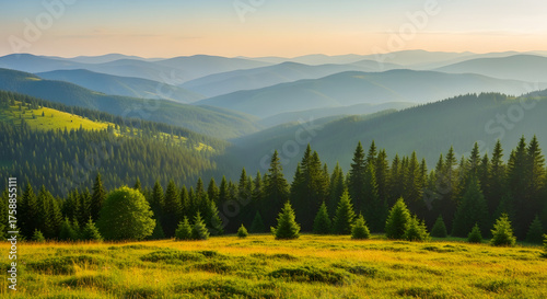 Breathtaking mountain vista with lush green forest and rolling hills, a peaceful nature escape, perfect for travel blogs and outdoor adventure promotions.