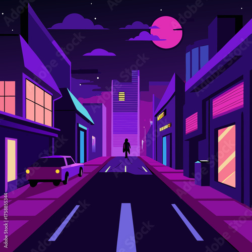 A solitary figure walks down a neon lit street under a vibrant pink moon